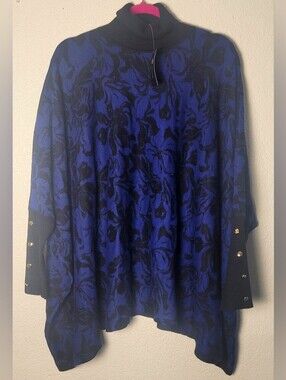 JM Collection Blue and Black Floral Print Poncho with Gold Buttons Size L NWT